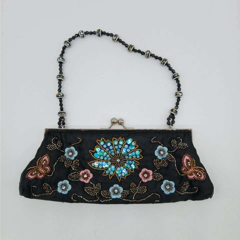 Bolso sin asas vintage satinado femenino delicado adornado lentejuelas cuentas broche beso Foto 1 de 4