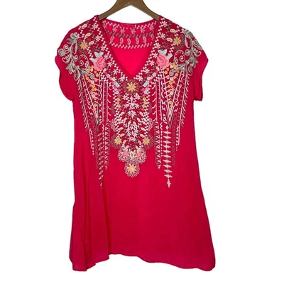Johnny Was XS Karineh Georgette Magenta Pink Embroidered Boho Tunic Mini Dress - Image 1 of 4