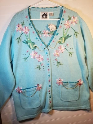 Cardigã suéter Storybook malha tamanho 2x azul com botões de pássaros manga comprida - Imagem 1 de 4