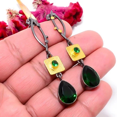 Pendiente cromo diopsido plata de ley 925 negro y oro rodio 2,34" Sku32 Foto 1 de 4