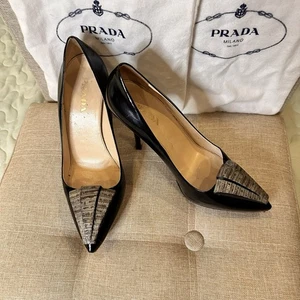 Prada Calzature Donna Vintage 2008 Heels Black Leather Snakeskin 37.5/ 7 US BOX - Picture 1 of 22
