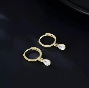 Orecchini a cerchio huggie donna placcati oro 18 kt argento sterling 925 cristallo a goccia - Foto 1 di 5