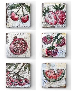 6 Pc Set Red Fruit Berries Watercolor Painting Mixed Media Art For Kitchen Decor - Picture 1 of 14