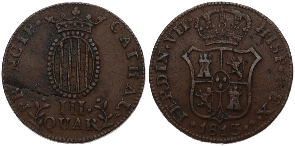 Spain - Catalonia 3 Quartos 1812 - Copper, 7.45g, Ø 26.5mm Km#115 - Image 1 of 1