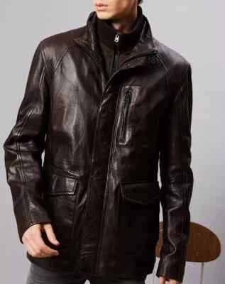Men Trench Coat Casual Brown Handmade Formal Genuine Leather Lambskin Stylish - Image 1 of 4