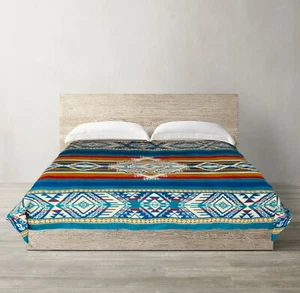 EXTRA LARGE SOFT & WARM ALPACA WOOL BLANKET 79x96" AZTEC PATTERN TURQUOISE - Picture 1 of 8