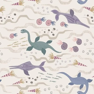 Nursery Jurassic Sea Dinosaurs Cream 100% Cotton Fabric by The Yard - Picture 1 of 1