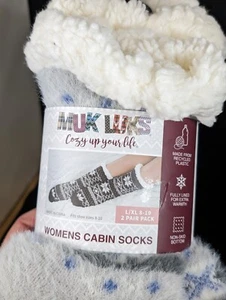 🐆Lot of 2 (L/ XL 8-10) Muk Luks Plush Cushioned Cabin Socks Grey Snow NwT - Picture 1 of 4
