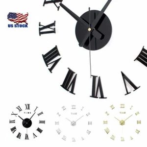 Modern DIY Wall Clock 3D Roman Number Mirror Surface Wall Sticker Decor Clock US - Picture 1 of 13