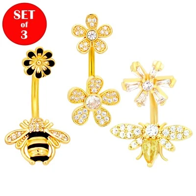 Flowers, Bee and Butterfly Surgical Steel Belly Rings - Set of 3 - Image 1 of 4