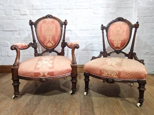 Antique Victorian Pair of carved walnut parlour salon / bedroom chairs - Picture 1 of 24