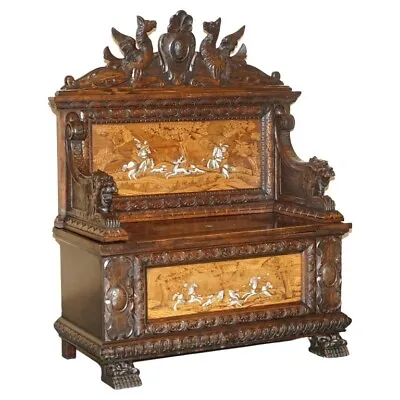 Antique Lion Griffon Carved Italian 1860 Monks Settle Bench Internal Storage • 4599.56£