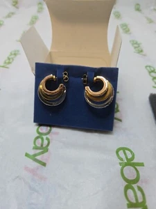 AVON Tri-Tone 3 Band Earrings w/ Rhinestones Rose, Gold, Silver Tones - Picture 1 of 4