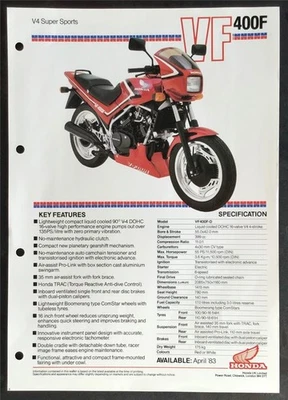 HONDA VF400F V4 Super Sports MOTORCYCLE Sales Specification Leaflet For APR 1983 - Image 1 of 2