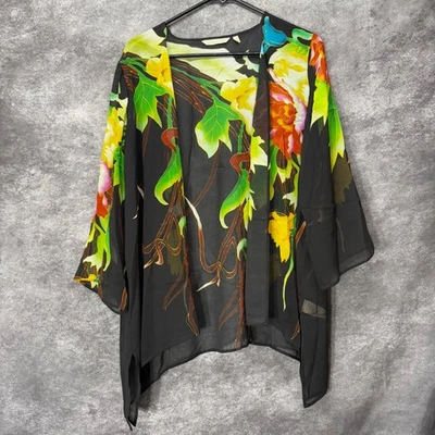 Soft Surroundings Silk Kimono Topper Womens PL/PXL Black Vibrant Floral Artsy - Image 1 of 4