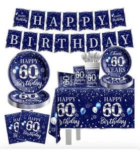 142 Pcs 60th Birthday Tableware Set Decorations Sliver and Blue 60th Happy Bi... - Picture 1 of 1