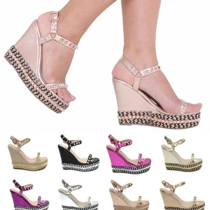 Womens Espadrilles Summer Sandals Heel Wedge Ladies Platform Studded Strap Shoes - Picture 1 of 18