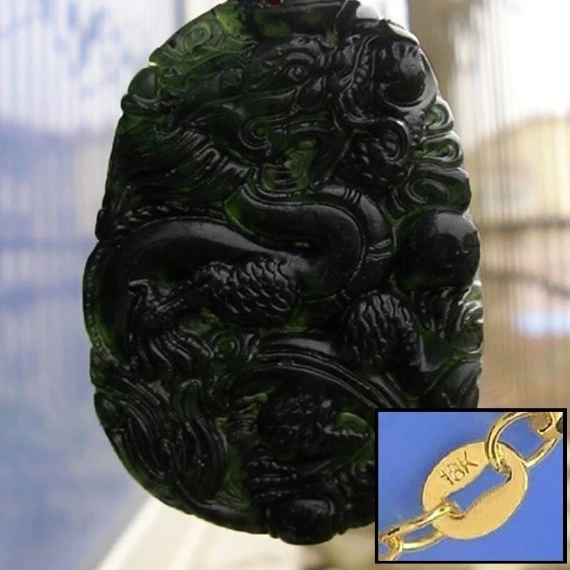 Collar Colgante Dragón Jade Verde Negro 24" Oro 18K Lleno Sobre Plata D937 Foto 1 de 4