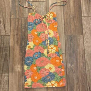 Zara Womens Bodycon Dress Multicolor Floral Smocked Mini Halter Tie Retro Art S - Picture 1 of 6