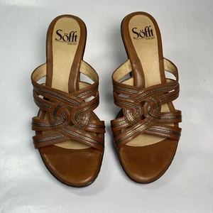 Sofft Brown Leather Sandals Braided Slide Heeled 3.5 in Heels Women's Size 6 - Picture 1 of 20