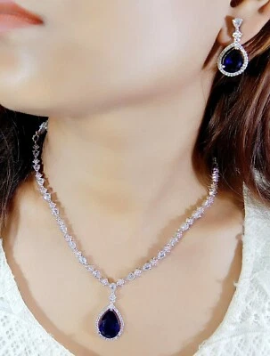 Juego de aretes collar azul joyería AD CZ estilo Bollywood indio plateado Foto 1 de 4