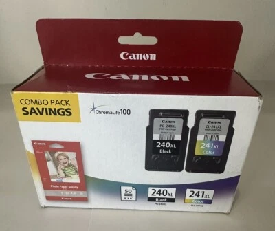 New Canon PG 240XL Black CL 241XL Color Ink Cartridges w Photo Paper Combo NIB - Image 1 of 4