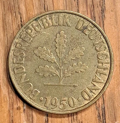 1950 G Germany 10 Pfennig  Oak Seed Rye Ears Value 4g 21.5mm Brass Clad Steel B - Image 1 of 4