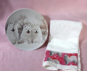 Robert Stanley SAMOYED Winterteller & gestapeltes SAMOYED Handtuch rosa Hintergrund - Bild 1 von 7