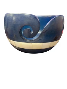 Blue Yarn Bowl Wooden Holder for Knitting & Crochet - 6" x 3.5" Organizer - Picture 1 of 3