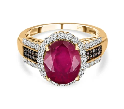 African Ruby Diamond and Zircon Ring in 18K Yellow Gold Over Sterling Silver - N - Image 1 of 4
