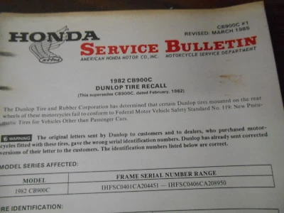 Boletín de servicio de fábrica Honda 1982 CB900C Dunlop de colección retiro de neumáticos 3849-8612 Foto 1 de 3