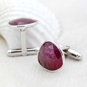 Natural Carved Ruby Cufflinks 925 Sterling Silver Grooms Men Gift Oval Shape - Picture 1 of 23