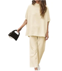 Women's 2-Piece Casual Outfits Batwing Sleeve Top & Wide Leg Pants Apricot L - Picture 1 of 5