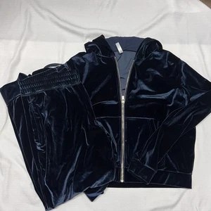 Fabletics Velour Tracksuit Hoodie Jacket & Jogger Pants Set Navy Blue Medium - Picture 1 of 17
