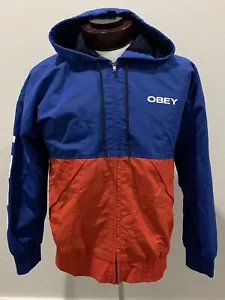OBEY Worldwide Red And Blue Hooded Wind Breaker Men's Size Small - Picture 1 of 11