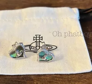 Vivienne Westwood Silver Petra With Green Heart Stud Earrings - Picture 1 of 5