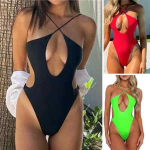 Womens Sexy One Piece Swimsuit Cross Halter Bathing Suits High Cut Out Monokini - Picture 1 of 47