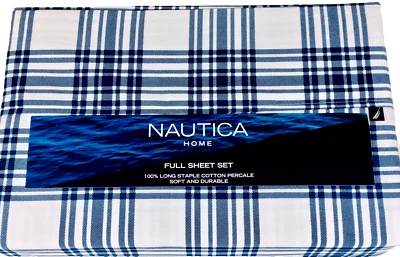4P Nautica Full Sheet Set Cool Crisp PERCALE Long Staple Cotton Blue Sessile Oak - Image 1 of 4