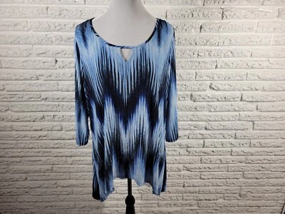 Top para mujer Coral Bay 2X Plus manga 3/4 azul bordado geométrico ojo de cerradura oficina Foto 1 de 4