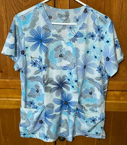 Happy Scrubs Woman's Scrub Top- Size Large- Green Floral Print 2 Pockets - Picture 1 of 5