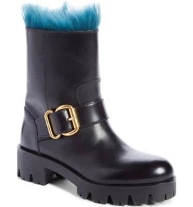 PRADA Boots Lug Sole Fur Lined Black Leather Buckle Moto Combat Booties 40 - Picture 1 of 12
