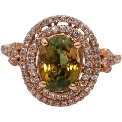 Коктейльное кольцо из розового золота 14 карат с круглым бриллиантом овальным зеленым турмалином 3,50 карата размер 7,5 - Изображение 1 из 4