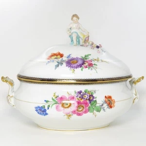Raro Antiguo Meissen Grande Tureen A-Kante 5 Flores Cobalto Lujoso Oro - Imagen 1 de 10