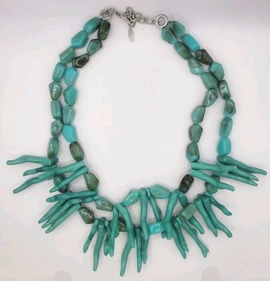 Natasha Couture Signed Faux Coral Bib Statement Necklace Double Strand Turquoise - Image 1 of 4