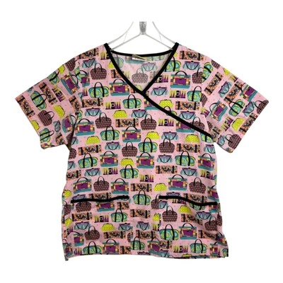 Tafford Scrub Top Size Small Pink With Purse Pattern Has Pockets A64 - Image 1 of 4