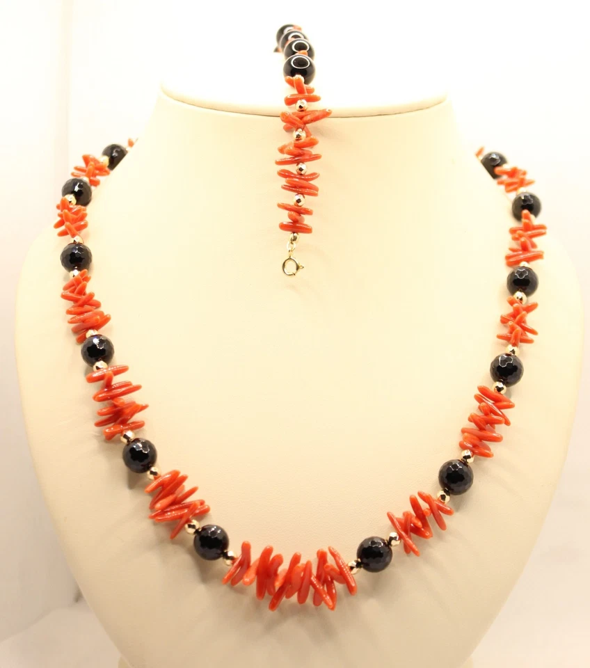 COLLANA e BRACCIALE CORALLO ROSSO ED ONICE NERA CM 60 CM 19 NATURALE EXPLOIT - Immagine 1 di 4