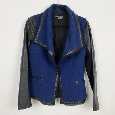 Vince Wool Blend Moto Leather Jacket Coat Raw Trim Drape Wide Lapel Women Size 4 - Image 1 of 4