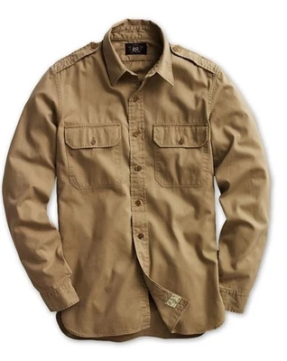 Double RL RRL Slim Fit Garment Dyed Cotton Twill Olive Green Military Shirt - Image 1 of 4
