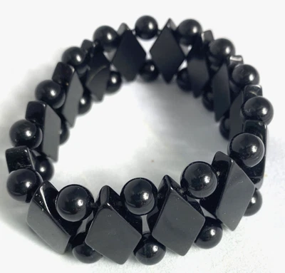 Hecho a mano Ónix Negro Redondo Triángulo Geométrico Declaración Pulsera Elástico Elástico Foto 1 de 4