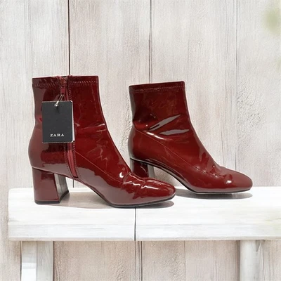 Zara women size 5  faux patent leather 2" block heel zip ankle boot burgundy red - Image 1 of 4